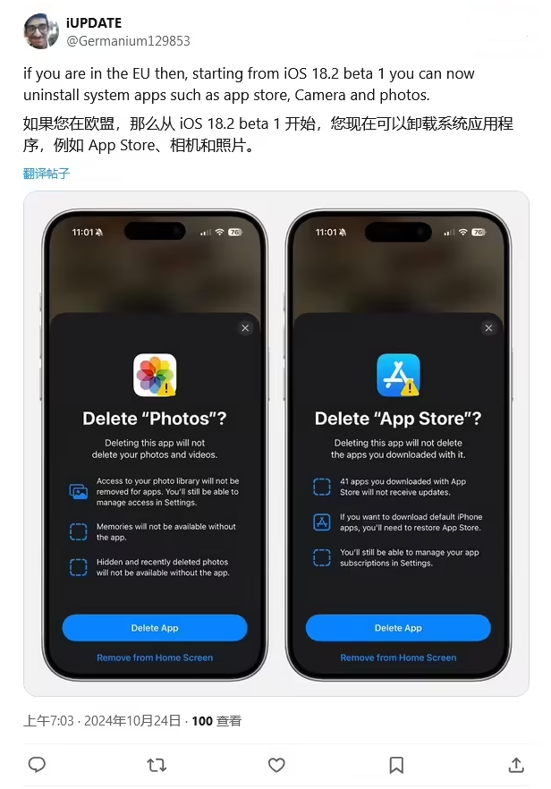 东西湖苹果手机维修分享iOS 18.2 支持删除 App Store 应用商店 