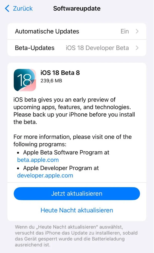 东西湖苹果手机维修分享苹果 iOS / iPadOS 18 开发者预览版 Beta 8 发布 